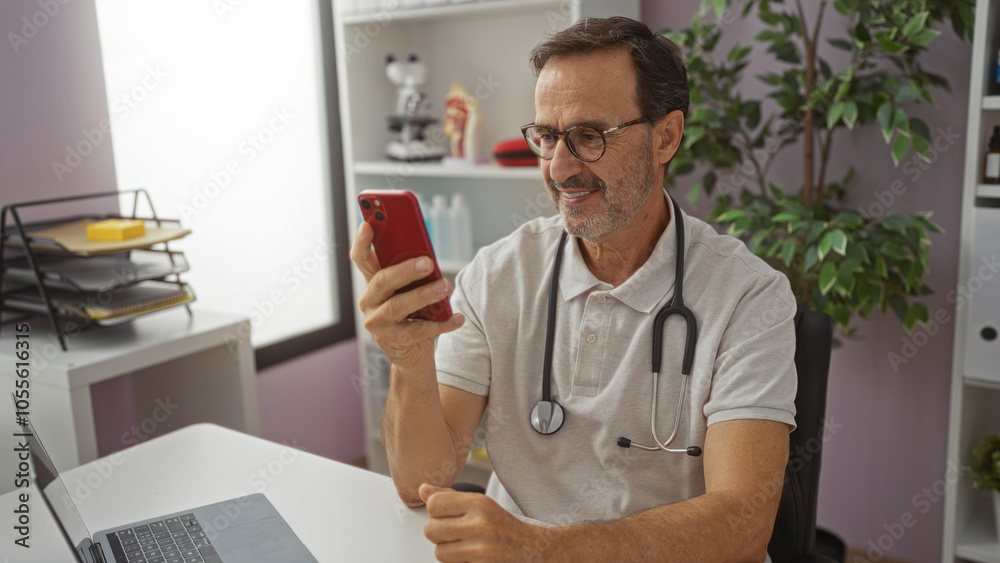 Doctor man sitting indoors at clinic desk using smartphone wearing glasses with stethoscope surrounded by plants and shelves in a professional medical workplace Doctor man sitting indoors at clinic desk using smartphone wearing glasses with stethoscope surrounded by plants and shelves in a professional medical workplace