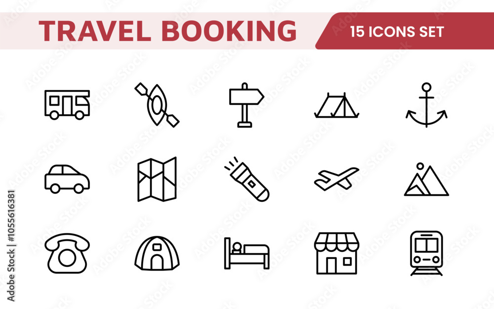 Travel Booking Icon Set. Stylish and user-friendly icons for enhancing travel apps, websites, and services, perfect for streamlining flight searches, hotel bookings, and adventure planning. Travel Booking Icon Set. Stylish and user-friendly icons for enhancing travel apps, websites, and services, perfect for streamlining flight searches, hotel bookings, and adventure planning.