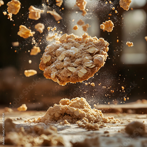 Crumbly Oatmeal Cookies in Motion, Captured Mid-Air with a Soft Focus Background, Highlighting Texture and Freshness