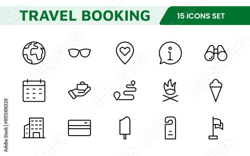 Travel Booking Icon Set. Stylish and user-friendly icons for enhancing travel apps, websites, and services, perfect for streamlining flight searches, hotel bookings, and adventure planning.