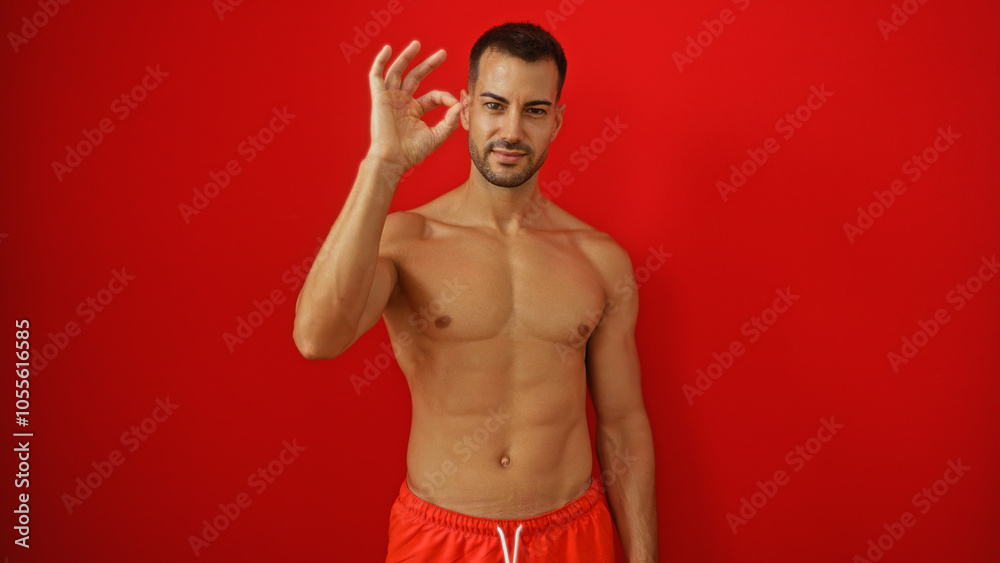 Fototapeta premium Young hispanic man with a beard standing shirtless on an isolated red background making an okay gesture