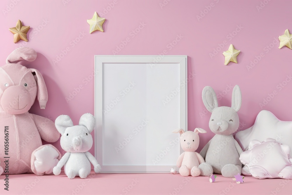 A white frame mockup with pink and grey plush toys. stars. and a pink background