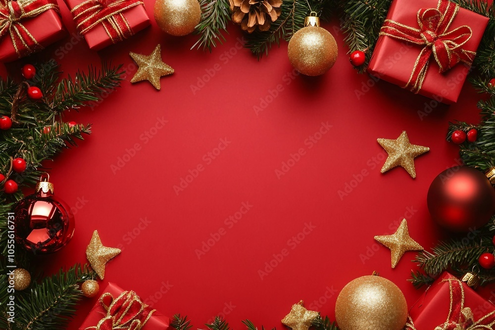 Christmas frame. Gift boxes with Xmas tree branches, golden stars and baubles on red background. Flat lay, top view, copy space. Christmas banner mockup, Christmas frame. Gift boxes with Xmas tree branches, golden stars and baubles on red background. Flat lay, top view, copy space. Christmas banner mockup,