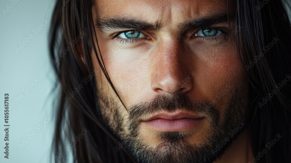 Man with long dark hair, slight beard, and intense gaze, conveying a thoughtful expression, isolated on white Man with long dark hair, slight beard, and intense gaze, conveying a thoughtful expression, isolated on white