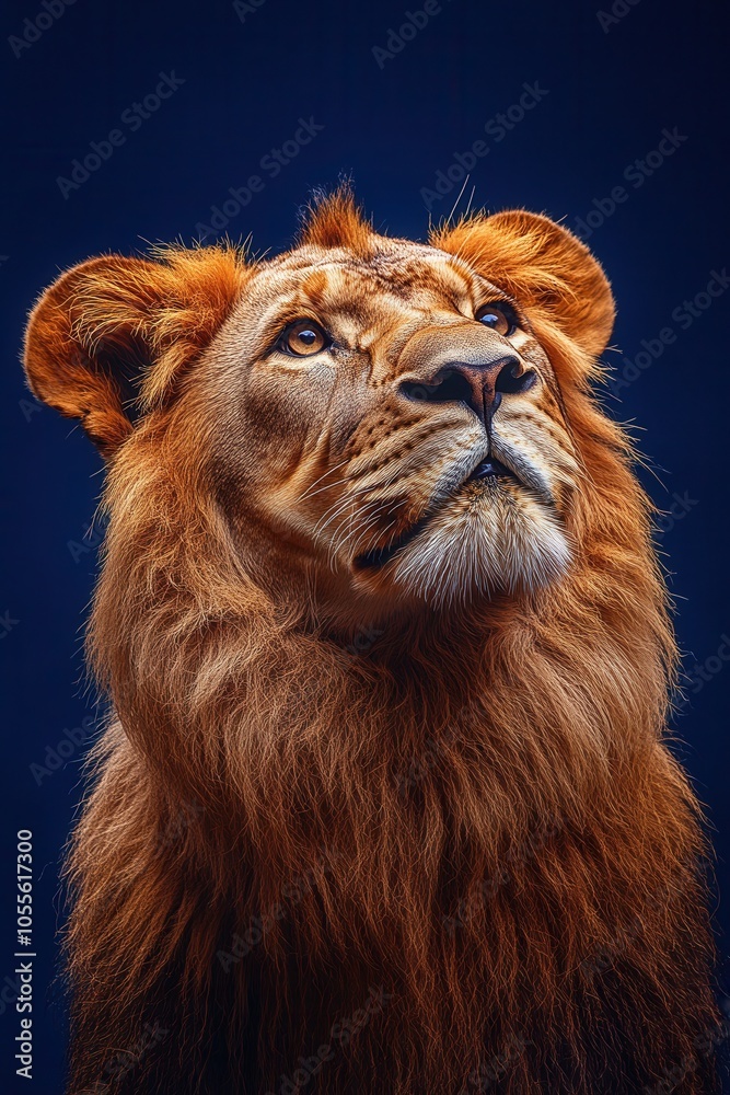 Fototapeta premium A grand lion with smooth golden fur is depicted in this striking portrait. Its heroic stance and powerful gaze are captured from below against a vibrant blue backdrop, showcasing the animals majestic 