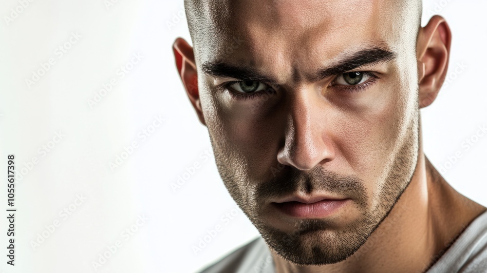 Fototapeta premium Man with shaved head, intense gaze, and stubble, conveying determination and focus, isolated on white