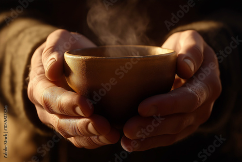 A close-up of hands holding a steaming cup of tea, outside in the early morning with warm rays of sunlight photo