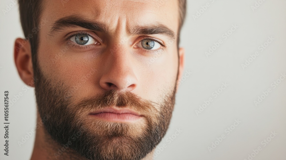 Man with short beard, intense gaze, and slightly raised eyebrows, appearing curious and engaged, isolated on white Man with short beard, intense gaze, and slightly raised eyebrows, appearing curious and engaged, isolated on white