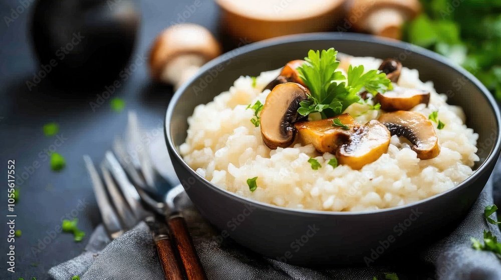 Creamy Mushroom Risotto in a Black Bowl Creamy Mushroom Risotto in a Black Bowl
