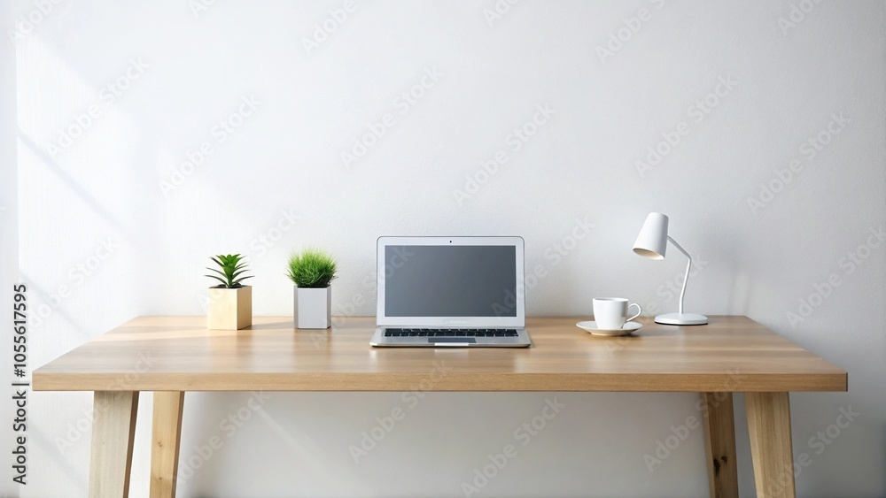 Fototapeta premium Clean and minimalist office desk with a single laptop open on a white surface, office setup, focused work, computer screen, empty chair