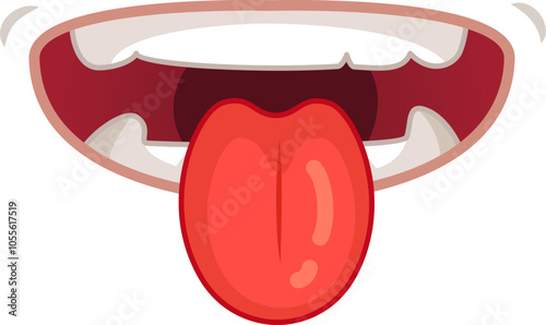 Comical mouth with red and pink lips and teeth, licking its lips playfully on a white background. Perfect for fun projects