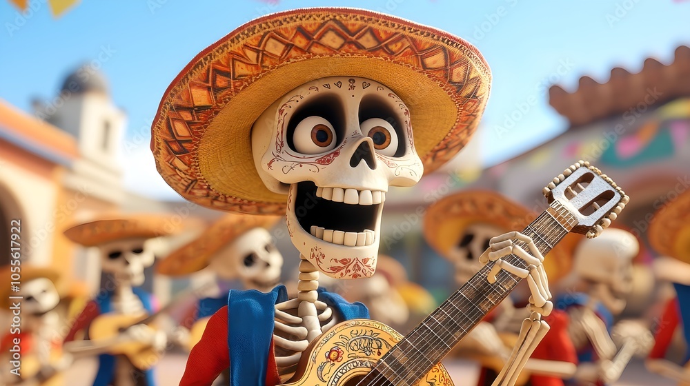 Joyful Skeletons in Colorful Celebration Scene Joyful Skeletons in Colorful Celebration Scene