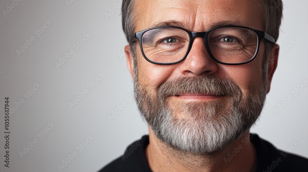 Mature man with glasses, short beard, and warm smile, appearing approachable, isolated on white Mature man with glasses, short beard, and warm smile, appearing approachable, isolated on white