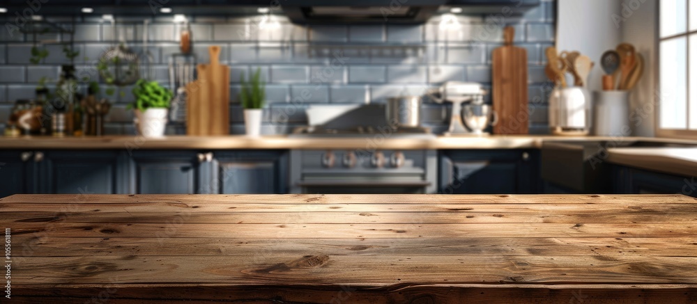 Wooden table with empty surface blurred kitchen backdrop perfect for displaying products in a copy space image Wooden table with empty surface blurred kitchen backdrop perfect for displaying products in a copy space image