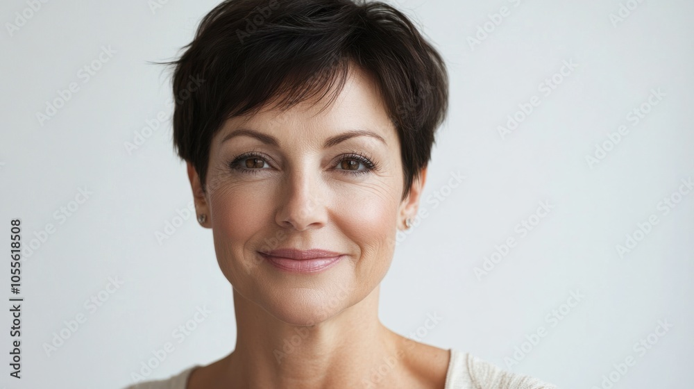 Mature woman with short hair and gentle smile, radiating calm and warmth, isolated on white Mature woman with short hair and gentle smile, radiating calm and warmth, isolated on white