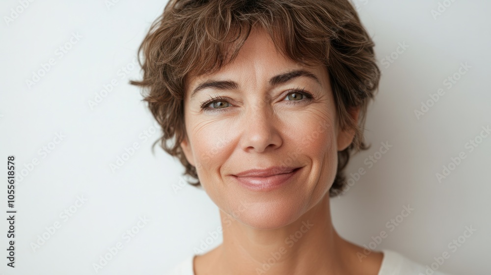 Mature woman with short hair and gentle smile, radiating calm and warmth, isolated on white Mature woman with short hair and gentle smile, radiating calm and warmth, isolated on white