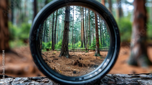 Fototapeta Naklejka Na Ścianę i Meble -  A serene view of a dense forest captured through a circular lens showcases towering trees, a variety of lush green foliage, and a peaceful, natural landscape
