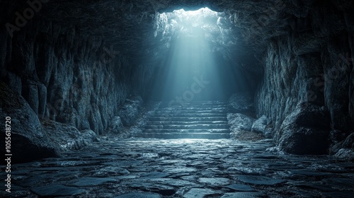 A dark cave with a light shining through the entrance