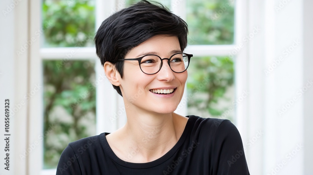 Happy, professional woman with glasses in a light office, laughing and looking away, ideal for themes of business success and satisfaction. Happy, professional woman with glasses in a light office, laughing and looking away, ideal for themes of business success and satisfaction.