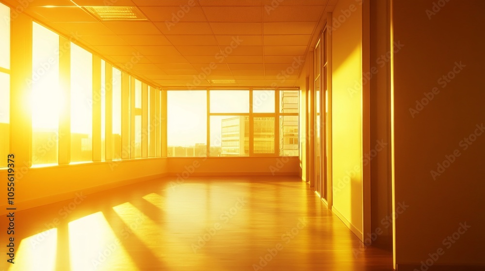 Blank wall in an office interior, bathed in golden sunset light, ideal for art displays or promotional content. Blank wall in an office interior, bathed in golden sunset light, ideal for art displays or promotional content.