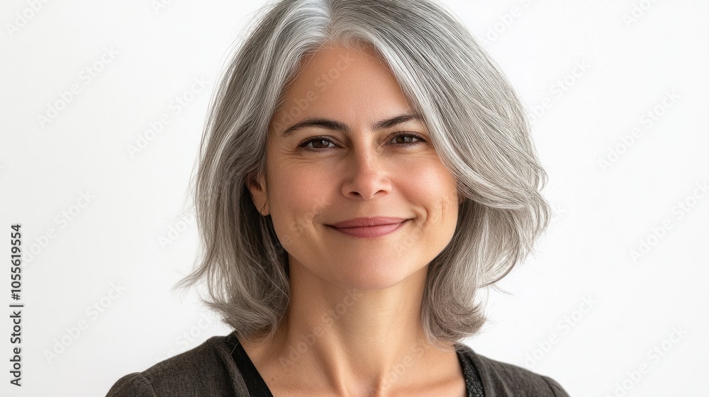 Middle-aged woman with silver hair, soft smile, and gentle gaze, appearing approachable, isolated on white Middle-aged woman with silver hair, soft smile, and gentle gaze, appearing approachable, isolated on white