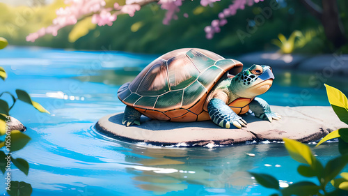 A green turtle by the lake