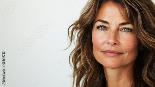 Middle-aged woman with wavy hair, subtle smile, and thoughtful expression, giving a calm vibe, isolated on white