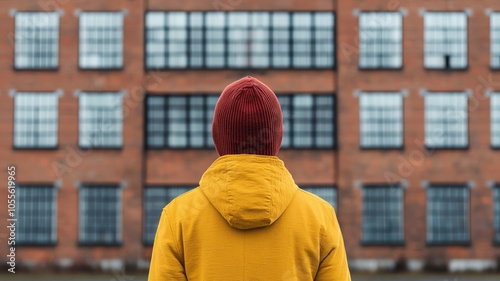 A person standing outside a closeddown factory, symbolizing the loss of jobs and economic decline   job loss, economic decline, social problem photo