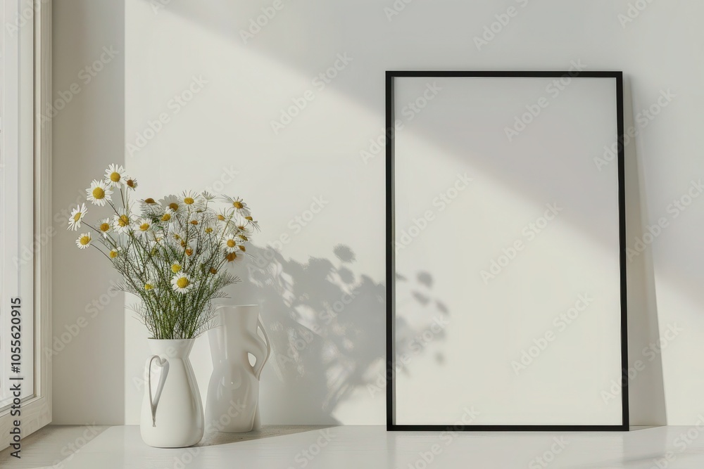 A black frame mockup with a bouquet of daisies in a white vase on a white shelf A black frame mockup with a bouquet of daisies in a white vase on a white shelf