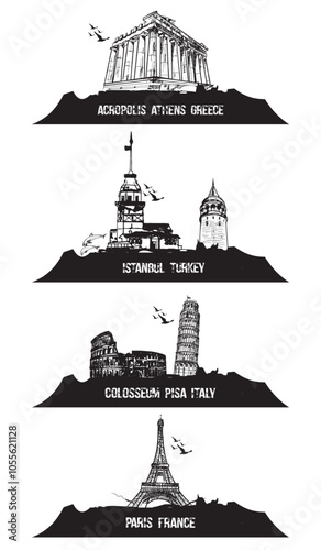 Touristic cities design. Hand drawn illustration.
