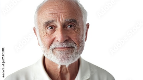 Older man with deep-set eyes and a calm smile, showing wisdom and kindness, isolated on white