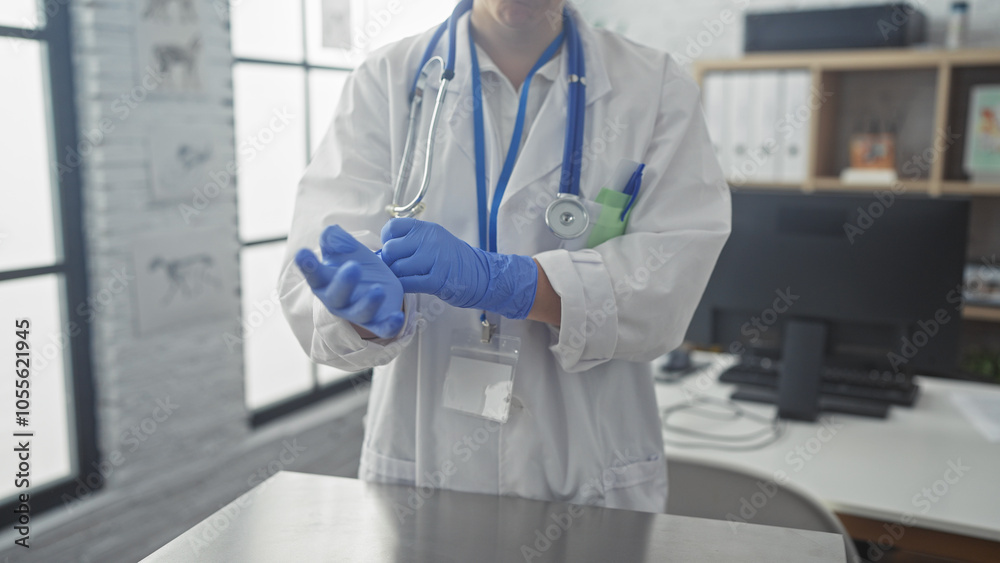 A female doctor in a clinic room preparing for an examination by putting on blue gloves, with a stethoscope around her neck.