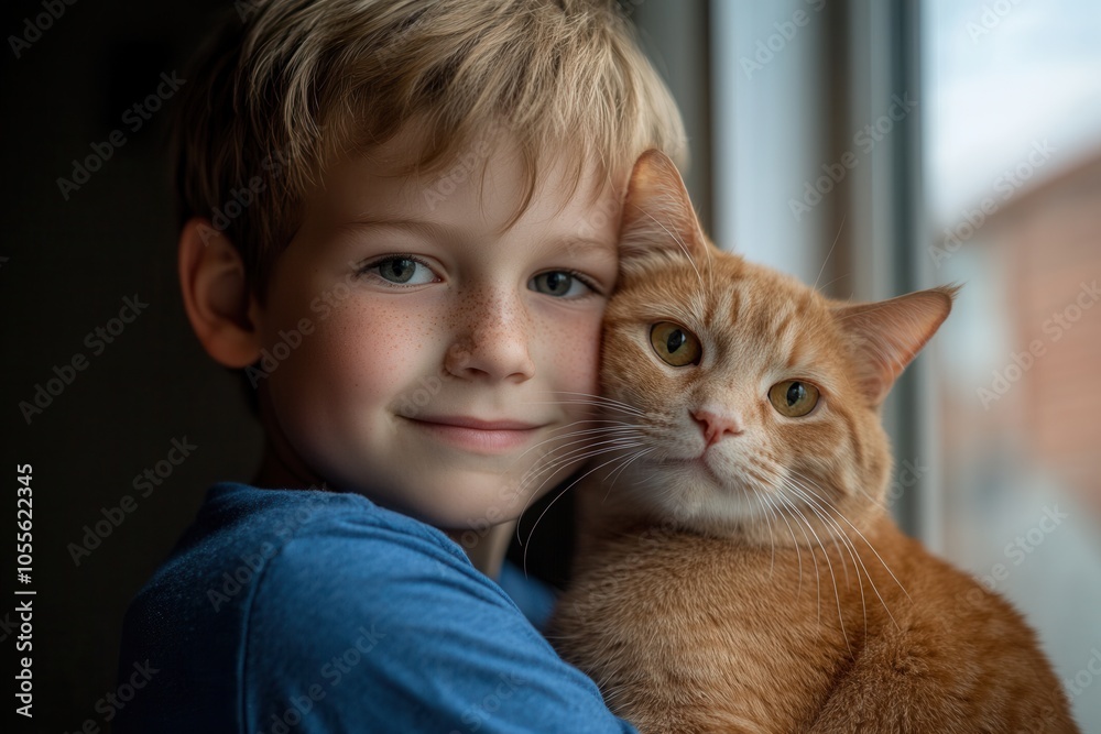 A young European boy smiles brightly while hugging his beloved orange cat. They share a moment of affection, illuminated by soft natural light coming through the window, showcasing their bond and happ