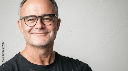 Portrait of a man with a warm smile, wearing glasses and showing a gentle, friendly expression, isolated on white