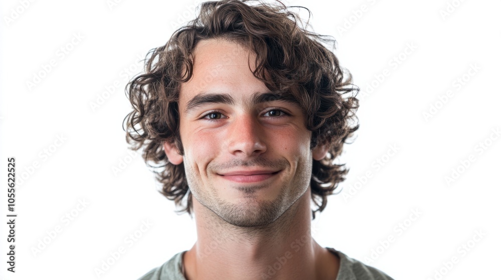 Fototapeta premium Portrait of a man with curly hair, relaxed smile, and a youthful look, wearing a casual expression, isolated on white