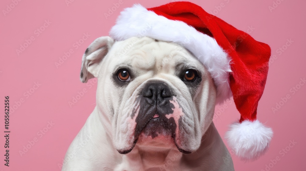 English Bulldog in Pink Santa Hat with Festive and Adorable Look