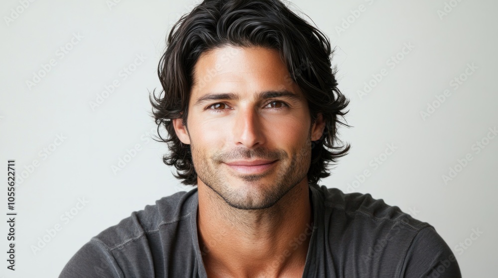 Portrait of a man with medium-length dark hair, soft smile, and friendly demeanor, looking directly forward, isolated on white Portrait of a man with medium-length dark hair, soft smile, and friendly demeanor, looking directly forward, isolated on white