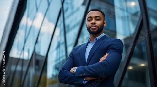 A man in a blue suit stands in front of a building with his arms crossed