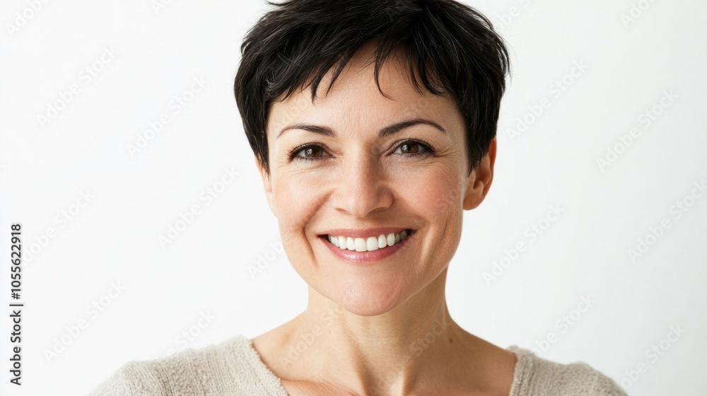 Portrait of a mature woman with short hair and a bright smile, showing a friendly and confident expression, isolated on white Portrait of a mature woman with short hair and a bright smile, showing a friendly and confident expression, isolated on white