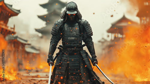 Futuristic steampunk samurai fighting on the battlefield with two swords