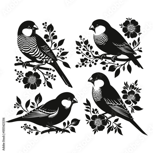 Finch bird Set Silhouette Vector Art illustration with a white background