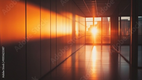 Empty office wall with sunset streaming in, perfect for showcasing artistic designs or corporate branding.