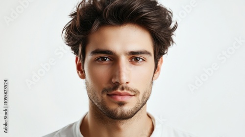 Portrait of a young man with dark hair and a focused expression, giving a professional vibe, isolated on white