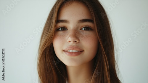 Portrait of a young woman with straight brown hair, soft gaze, and confident smile, looking at the camera, isolated on white