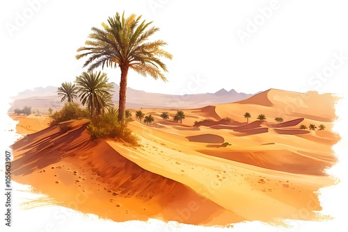 Desert. Desert landscape illustration. Oasis in the desert. African lanscape. Arabian land. Safari wallpaper. Watercolor illustration of oasis in desert.