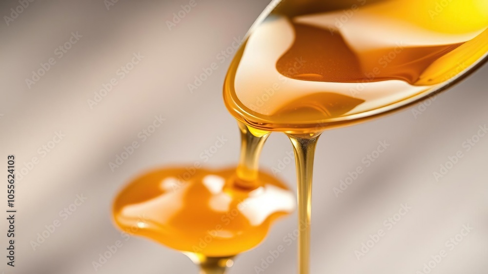 Close up shot of honey pouring out of a spoon, showcasing its delicious golden color and thick consistency, nutrition, flow Close up shot of honey pouring out of a spoon, showcasing its delicious golden color and thick consistency, nutrition, flow