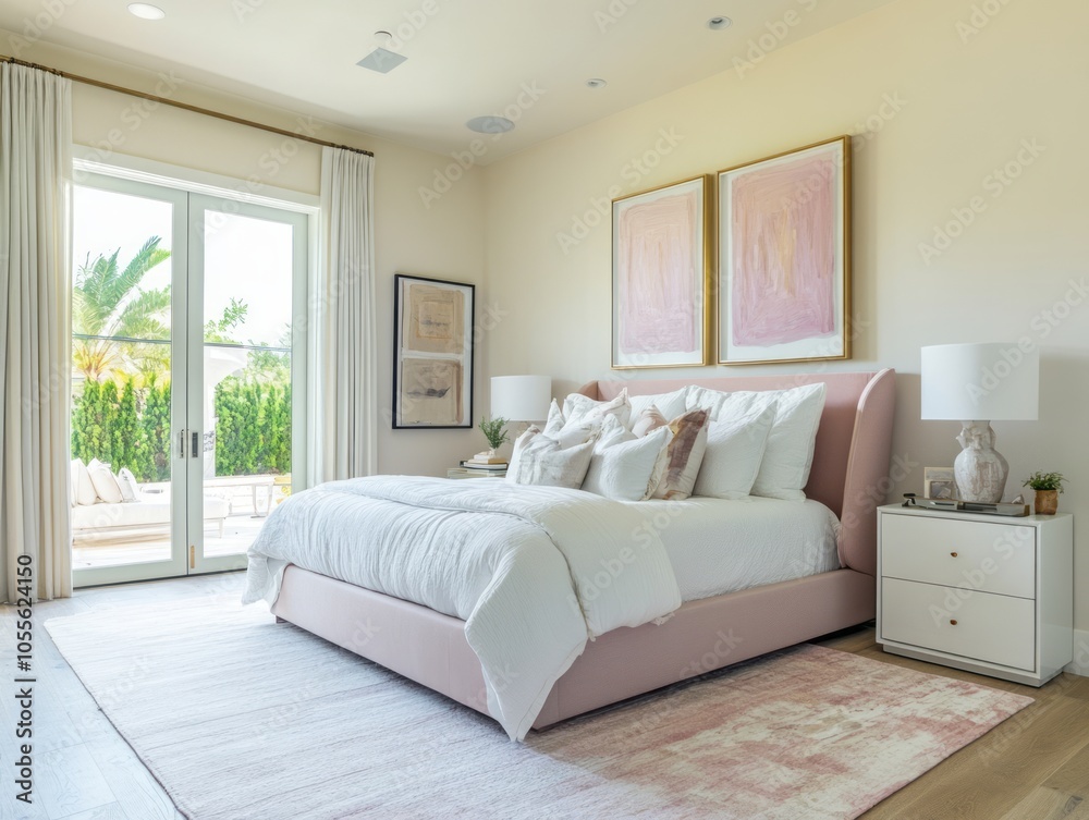 Pastel-colored walls, white bedding, and abstract art Pastel-colored walls, white bedding, and abstract art