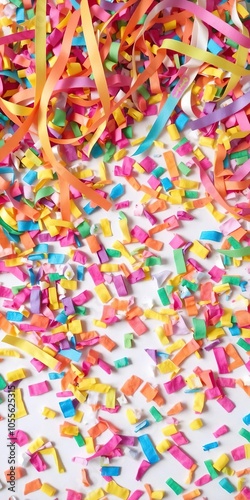 Colorful confetti mixed with vibrant streamers, fun, colorful