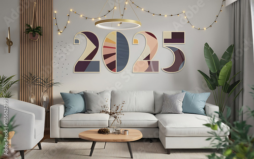 Modern living room interior with a couch  beige and blue  2025 new year decoration    photo