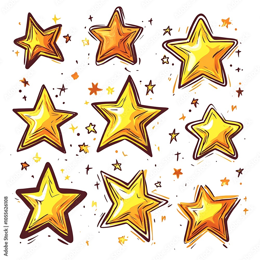 Cartoon set of hand-drawn stars in different sizes on a white background. Cartoon set of hand-drawn stars in different sizes on a white background.